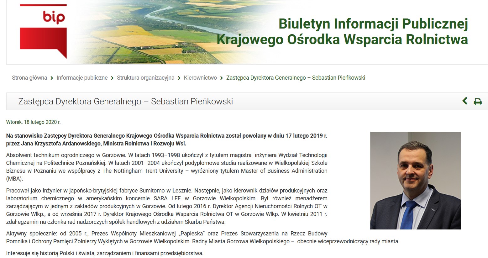 Sebastian Pieńkowski, KOWR, zastępca dyrektora generalnego kowr sebastian pieńkowski
