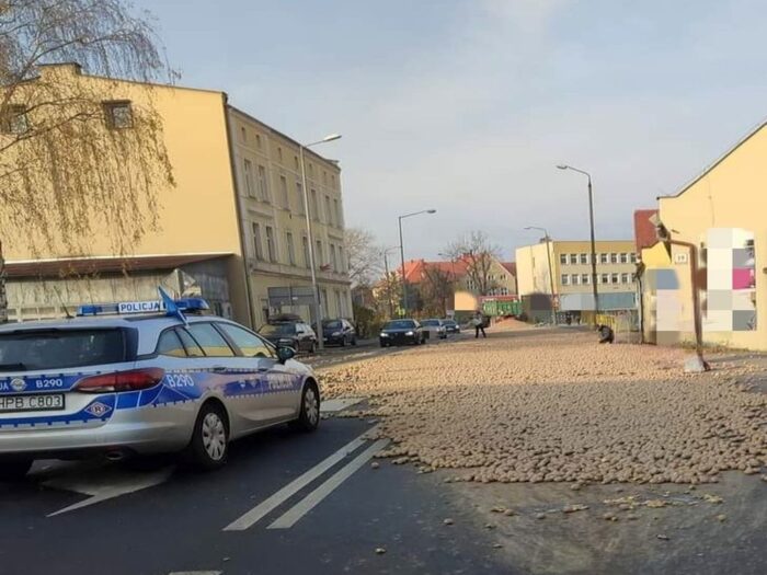 Ziemniaki zasypały ulicę, Oława, Aleksandra Pieprzycka, KWP Wrocław