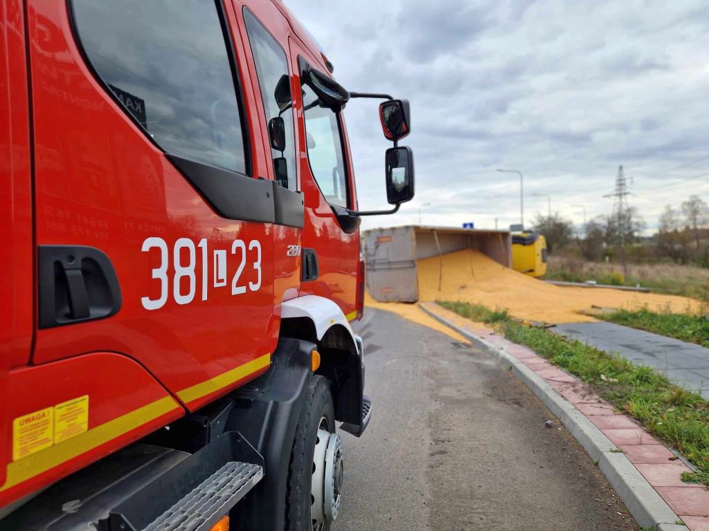 km psp zamość, wypadek, kolizja, zdarzenie drogowe, tir, ciężarówka, kukurydza