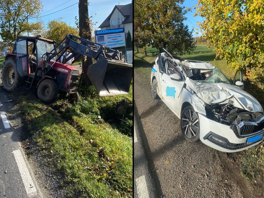 kpp przasnysz, kp psp przasnysz, kolizja, zdarzenie drogowe, zderzenie, ciągnik, osobówka, auto, pijany traktorzysta