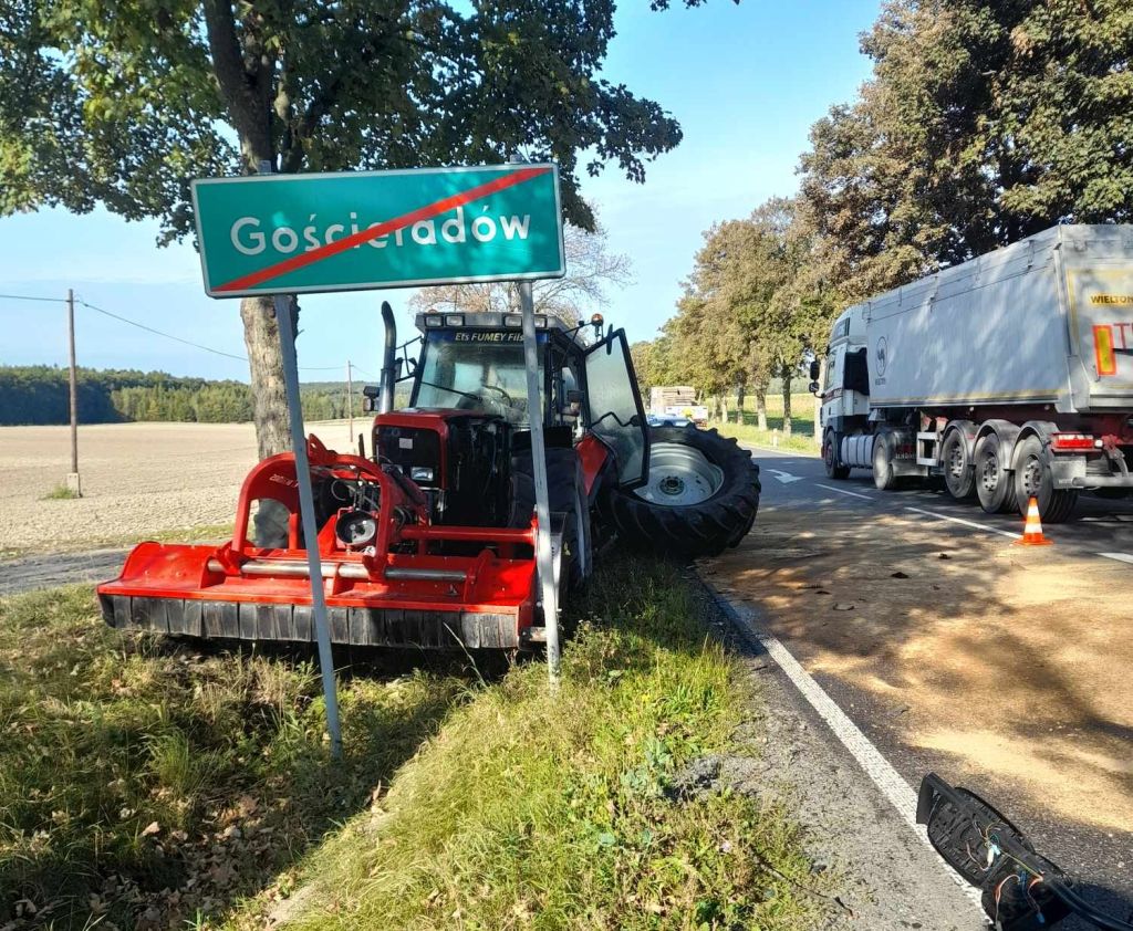 zdarzenie drogowe, ciągnik, ciężarówka, ranny traktorzysta